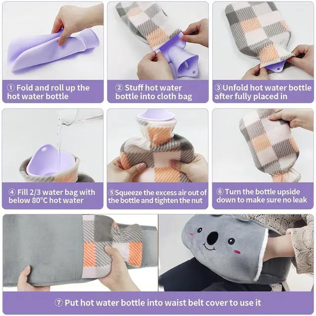 Alt view image 4 of 7 - _Mega Brand Hot Water Bag, Hot Water Bottle wtih Cover, 1L Rubber Warm Hot Water Bottles Pouch with 130cm Long Soft Waist Cover for Neck, Shoulder, Back, Hand, Legs and Period Pain Relief