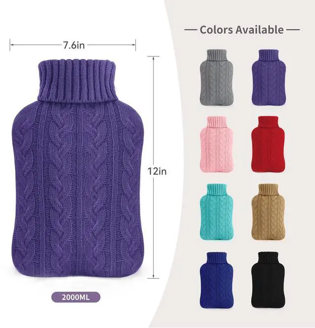 Alt view image 3 of 5 - _Mega Brand Hot Water Bottle with Knitted Cover, 2L Hot Water Bag for Hot and Cold Compress, Hand Feet Warmer, Ideal for Menstrual Cramps, Neck and Shoulder Pain Relief, Purple