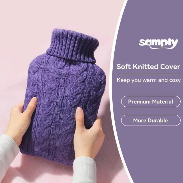 Alt view image 4 of 5 - _Mega Brand Hot Water Bottle with Knitted Cover, 2L Hot Water Bag for Hot and Cold Compress, Hand Feet Warmer, Ideal for Menstrual Cramps, Neck and Shoulder Pain Relief, Purple