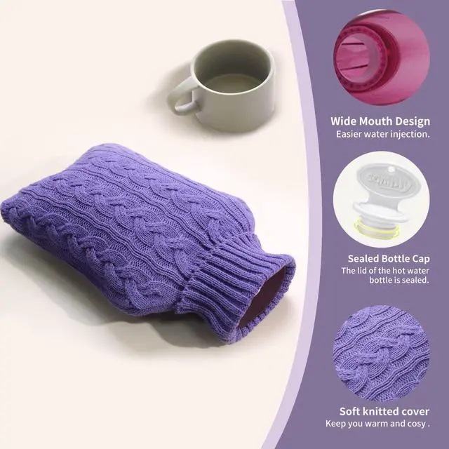 Alt view image 5 of 5 - _Mega Brand Hot Water Bottle with Knitted Cover, 2L Hot Water Bag for Hot and Cold Compress, Hand Feet Warmer, Ideal for Menstrual Cramps, Neck and Shoulder Pain Relief, Purple