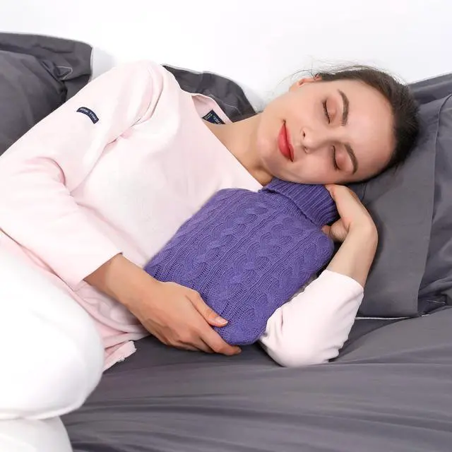 Alt view image 2 of 5 - _Mega Brand Hot Water Bottle with Knitted Cover, 2L Hot Water Bag for Hot and Cold Compress, Hand Feet Warmer, Ideal for Menstrual Cramps, Neck and Shoulder Pain Relief, Purple