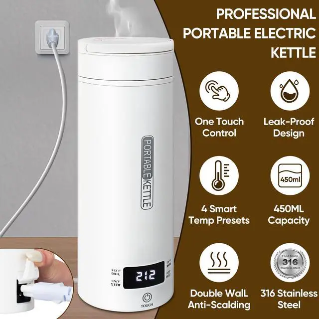 Alt view image 2 of 7 - _Mega Brand Travel Electric Kettle Portable Smart Hot Water Boiler Tea Coffee Heater 450ML, 316 Stainless Steel, 4 Temperature Control LCD Display Fast Boiling Water Auto Shut-Off Boil Dry Protection