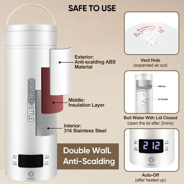 Alt view image 3 of 7 - _Mega Brand Travel Electric Kettle Portable Smart Hot Water Boiler Tea Coffee Heater 450ML, 316 Stainless Steel, 4 Temperature Control LCD Display Fast Boiling Water Auto Shut-Off Boil Dry Protection