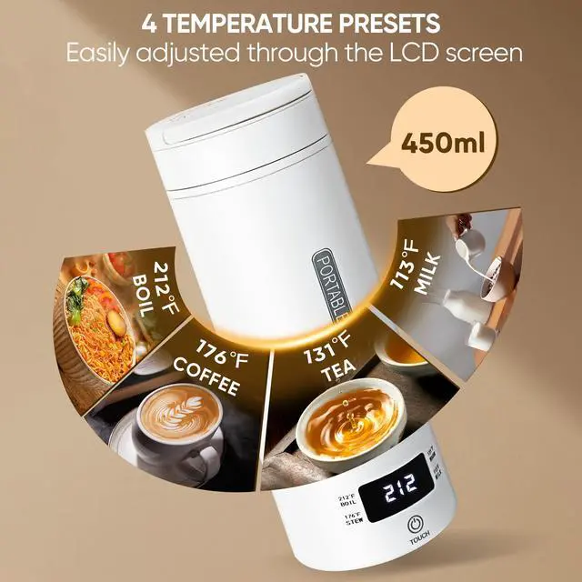Alt view image 4 of 7 - _Mega Brand Travel Electric Kettle Portable Smart Hot Water Boiler Tea Coffee Heater 450ML, 316 Stainless Steel, 4 Temperature Control LCD Display Fast Boiling Water Auto Shut-Off Boil Dry Protection