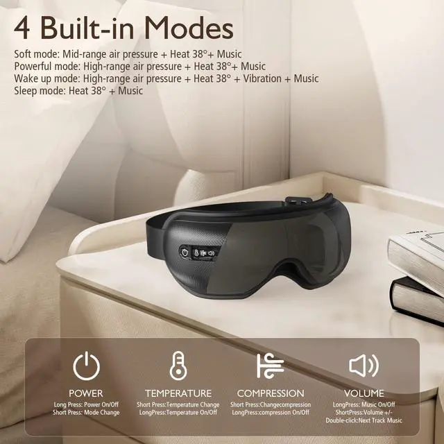 Alt view image 2 of 7 - _Mega Brand Eye Massager with Heat, Heated Eye Mask for Migraines with Bluetooth Music Eyes Care Gift with 4 Massage Modes and 180° Folding Design Massages Eyes Muscles Gifts for Friend Mom and Dad,