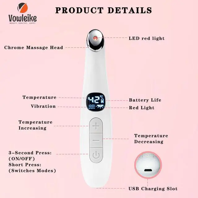 Alt view image 4 of 7 - _Mega Brand Eye Lift Wand, 3 in 1 Vibrating Red Light 98°F to 113°F LCD Display Eye Massager for Dry Eyes, Dark Circles and Puffiness, Electrical Face, Neck Sculpting Pen for Fine Lines and Wrinkles