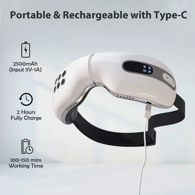Alt view image 5 of 7 - _Mega Brand Eye Massager with Heat and Cooling for Migraines, Dry Eyes, Dark Circles, Rechargeable Bluetooth Music Cold Heated Eye Massager Improve Sleeping - Gifts for Women and Men (White)