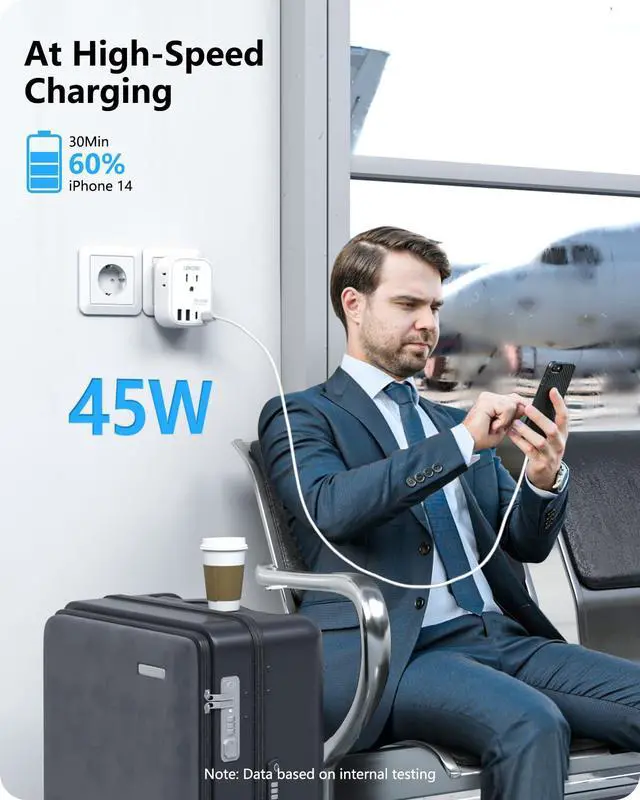 Alt view image 3 of 7 - _Mega Brand European Travel Plug Adapter, PD 45W Type C Foldable Power Plug with 4 Outlets 4 USB Ports, USB Fast Charger Adaptor, Power Adaptor for US to Most of Europe EU Spain Italy France Germany