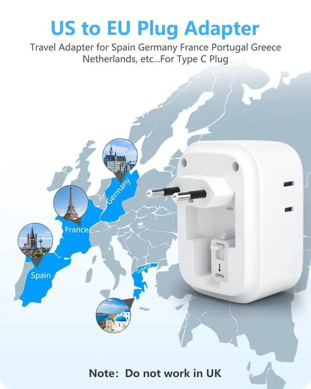 Alt view image 4 of 7 - _Mega Brand European Travel Plug Adapter, PD 45W Type C Foldable Power Plug with 4 Outlets 4 USB Ports, USB Fast Charger Adaptor, Power Adaptor for US to Most of Europe EU Spain Italy France Germany