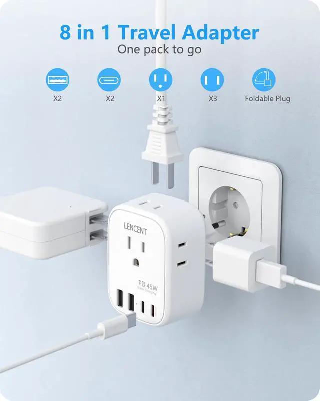 Alt view image 6 of 7 - _Mega Brand European Travel Plug Adapter, PD 45W Type C Foldable Power Plug with 4 Outlets 4 USB Ports, USB Fast Charger Adaptor, Power Adaptor for US to Most of Europe EU Spain Italy France Germany