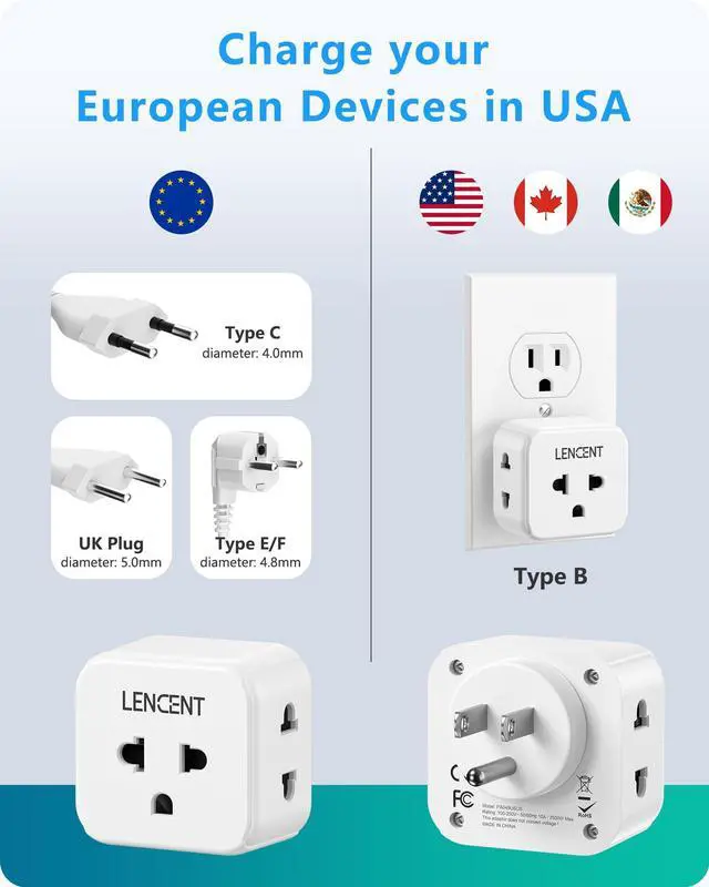 Alt view image 2 of 7 - EU to US Plug Adapter, European to USA Outlet Adaptor, Travel from Europe to American Outlet, 3-Sided Outlet Extender, Wall Tap, Mini Charger Box, Travel Plug Converter