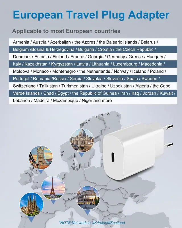 Alt view image 3 of 7 - _Mega Brand European Travel Plug Adapter, 2-Pack 20W PD USB C Wall Charger Type C Fast Charging Block International Power Adaptor US to Europe EU for iPhone 17 16 15 14 13, iPad, Samsung, Pixel,