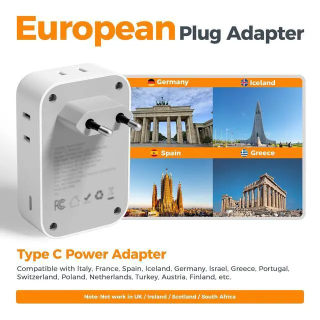 Alt view image 2 of 6 - _Mega Brand European Travel Plug Adapter 28W, US to Europe Plug Adapter with 4 Outlets 5 USB Ports (3 USB C), Type C Power Adaptor for USA to EU Euro Italy Spain France Iceland Germany Greece Portugal