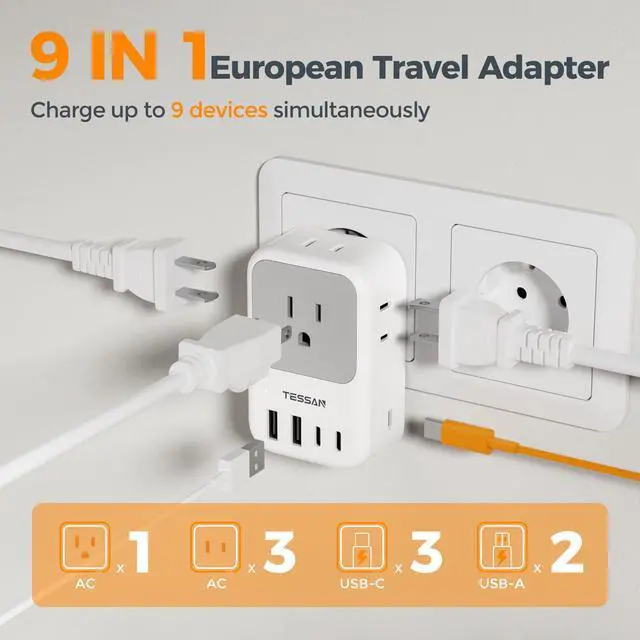 Alt view image 3 of 6 - _Mega Brand European Travel Plug Adapter 28W, US to Europe Plug Adapter with 4 Outlets 5 USB Ports (3 USB C), Type C Power Adaptor for USA to EU Euro Italy Spain France Iceland Germany Greece Portugal