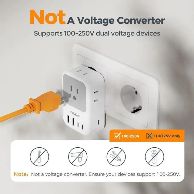 Alt view image 6 of 6 - _Mega Brand European Travel Plug Adapter 28W, US to Europe Plug Adapter with 4 Outlets 5 USB Ports (3 USB C), Type C Power Adaptor for USA to EU Euro Italy Spain France Iceland Germany Greece Portugal