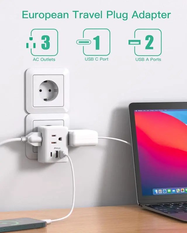 Alt view image 2 of 7 - _Mega Brand [2-Pack] European Travel Plug Adapter - International Plug Adapter with USB Charging Ports(1 USB C), Type C Power Adapter for US to Most of Europe EU Italy France Spain Germany Greece