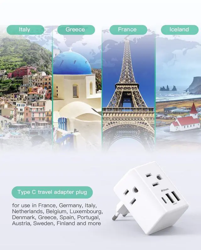 Alt view image 3 of 7 - _Mega Brand [2-Pack] European Travel Plug Adapter - International Plug Adapter with USB Charging Ports(1 USB C), Type C Power Adapter for US to Most of Europe EU Italy France Spain Germany Greece