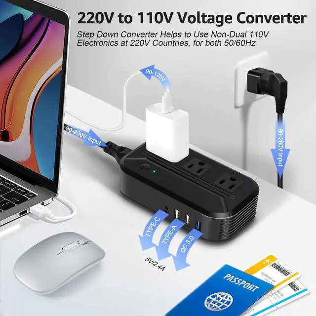Alt view image 2 of 7 - Voltage Converter 2300W Power Step Down 220V to 110V Universal Travel Adapter Power Converter Power Transformer w/ 3 AC Outlets 3 USB Ports 1 Type-C Charging for EU/UK/AU/US/IT/India/South Africa