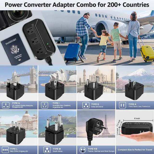 Alt view image 6 of 7 - Voltage Converter 2300W Power Step Down 220V to 110V Universal Travel Adapter Power Converter Power Transformer w/ 3 AC Outlets 3 USB Ports 1 Type-C Charging for EU/UK/AU/US/IT/India/South Africa