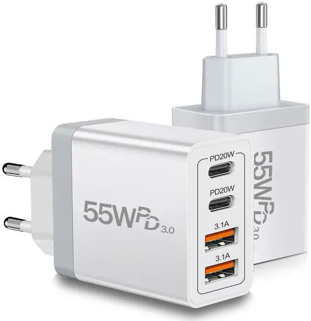 Main image of European USB C Charger 2 Pack, 55W European Travel Plug Adapter 4-Port Fast Charger Type C Wall Charger USA to Europe Plug Adaptor for iPhone 17 16 15 14 13 12 11 Pro Max X 8, Galaxy, Android