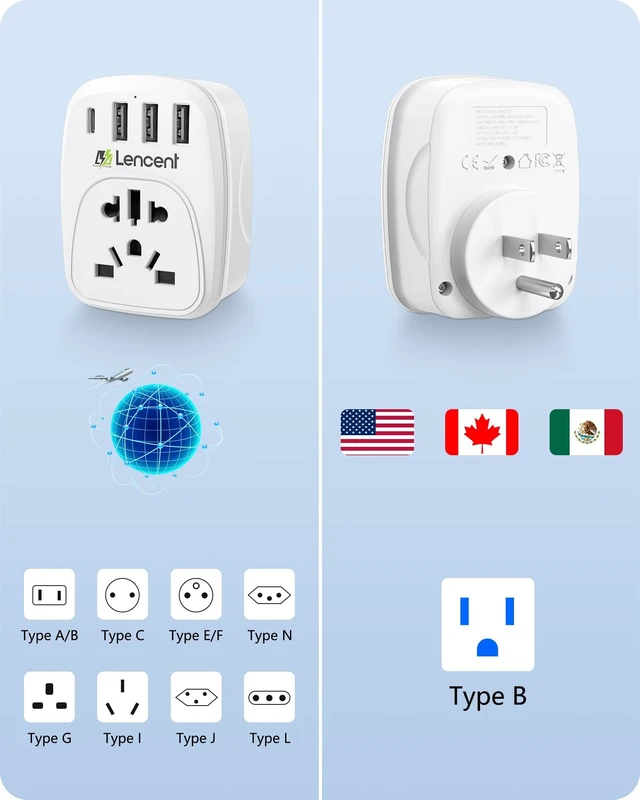 Alt view image 2 of 7 - World to US Plug Adapter with 3 USB &1 PD Type-c Quick Fast Charger | Ports, Type B European EU Europe/UK/Australia/China to USA American Canada Japan Outlet Power Adaptor Travel Plug Converter