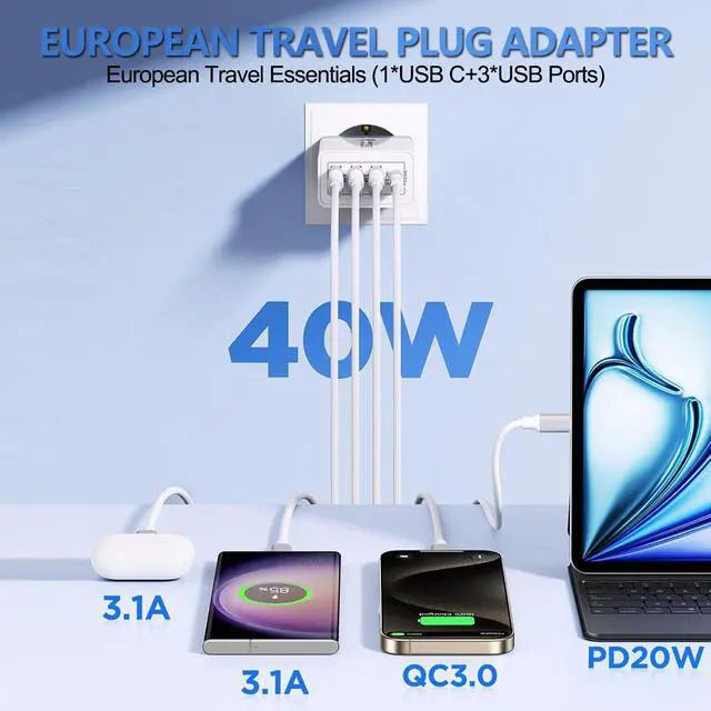 Alt view image 2 of 7 - _Mega Brand, 40W 4 Port USB C European Charger PD 20W QC 3.0 Europe USB C Charger Block US to Europe Plug Adapter for iPhone 17 16 15 14 13 12 11 Plus Pro Max X 8, Galaxy, Android