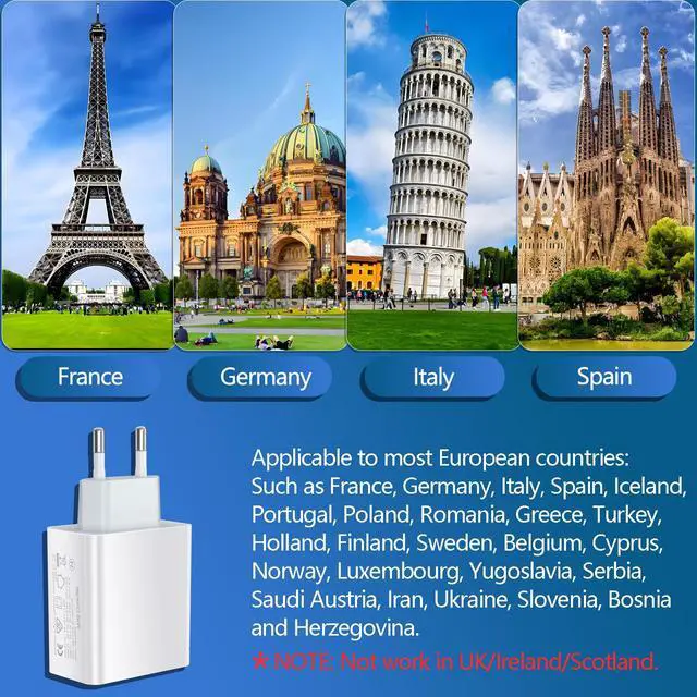 Alt view image 4 of 7 - _Mega Brand, 40W 4 Port USB C European Charger PD 20W QC 3.0 Europe USB C Charger Block US to Europe Plug Adapter for iPhone 17 16 15 14 13 12 11 Plus Pro Max X 8, Galaxy, Android