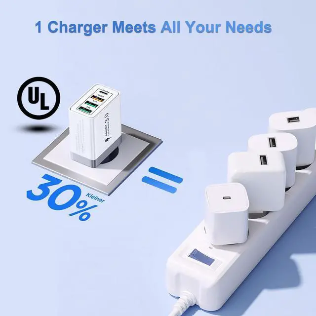 Alt view image 7 of 7 - _Mega Brand, 40W 4 Port USB C European Charger PD 20W QC 3.0 Europe USB C Charger Block US to Europe Plug Adapter for iPhone 17 16 15 14 13 12 11 Plus Pro Max X 8, Galaxy, Android