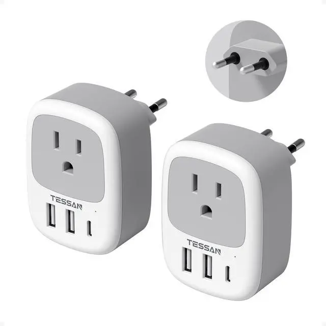 Main image of _Mega Brand 2 Pack European Travel Plug Adapter, US to Europe Plug Adapter with 3 USB Ports (1 USB C), Type C Power Outlet for EU International Italy Iceland Spain France Germany