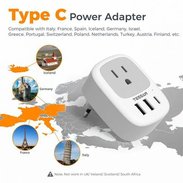 Alt view image 2 of 6 - _Mega Brand 2 Pack European Travel Plug Adapter, US to Europe Plug Adapter with 3 USB Ports (1 USB C), Type C Power Outlet for EU International Italy Iceland Spain France Germany