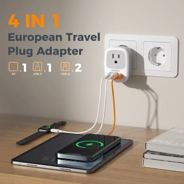 Alt view image 3 of 6 - _Mega Brand 2 Pack European Travel Plug Adapter, US to Europe Plug Adapter with 3 USB Ports (1 USB C), Type C Power Outlet for EU International Italy Iceland Spain France Germany