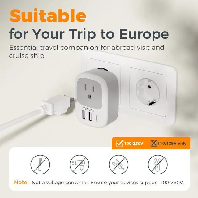 Alt view image 5 of 6 - _Mega Brand 2 Pack European Travel Plug Adapter, US to Europe Plug Adapter with 3 USB Ports (1 USB C), Type C Power Outlet for EU International Italy Iceland Spain France Germany