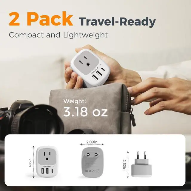 Alt view image 6 of 6 - _Mega Brand 2 Pack European Travel Plug Adapter, US to Europe Plug Adapter with 3 USB Ports (1 USB C), Type C Power Outlet for EU International Italy Iceland Spain France Germany