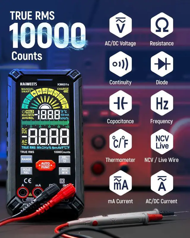 Alt view image 3 of 7 - _Mega Brand Digital Multimeter 10000 Counts TRMS Auto Ranging, Rechargeable Smart Multimeter, Color LCD Screen Volt Meter, Measures Voltage, Current, Resistance, Continuity, Capacitance, Frequency