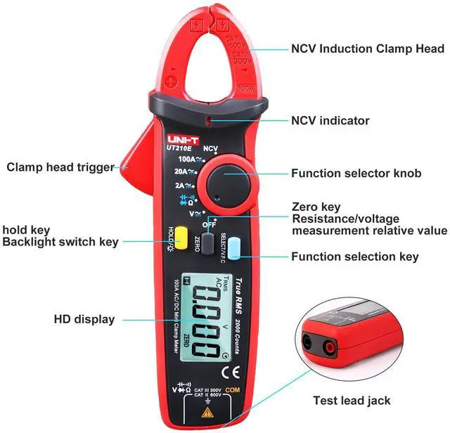 Alt view image 4 of 7 - _Mega Brand  UT210E Mini Digital Clamp Meter 100A AC DC Current Voltage True RMS Pliers Ammeter Resistance, Capacitance, Diode Tester Multimeter