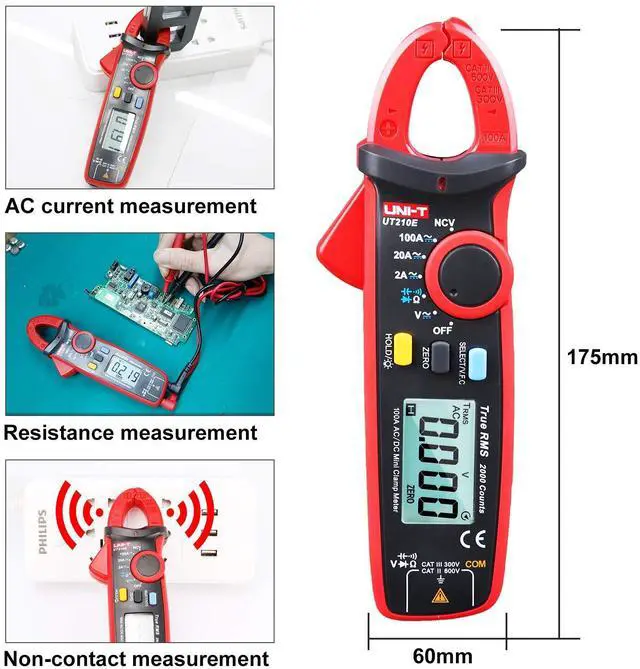 Alt view image 5 of 7 - _Mega Brand  UT210E Mini Digital Clamp Meter 100A AC DC Current Voltage True RMS Pliers Ammeter Resistance, Capacitance, Diode Tester Multimeter