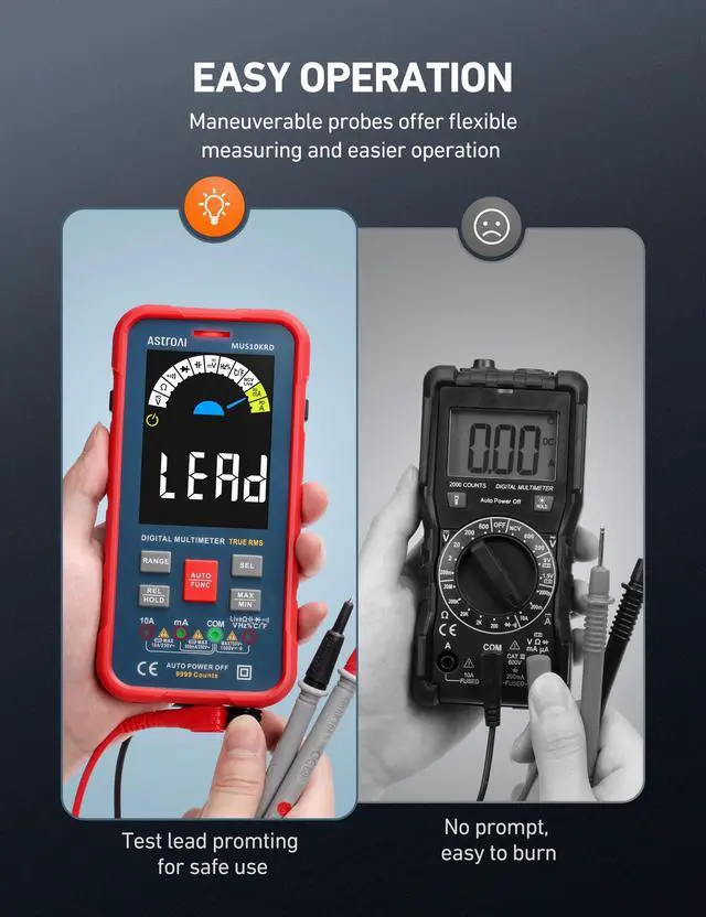 Alt view image 3 of 7 - Multimeter Tester 10000 Counts TRMS Auto-Ranging Color LCD Screen Digital Volt Meter, Fast Accurately Measures Voltage Current Amp Resistance Continuity Duty-Cycle Capacitance Temperature