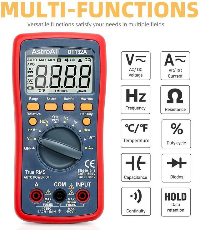 Alt view image 2 of 7 - _Mega Brand Digital Multimeter, TRMS 4000 Counts Volt Meter (Manual and Auto Ranging); Measures Voltage Tester, Current, Resistance, Continuity, Frequency; Tests Diodes, Temperature (Red)
