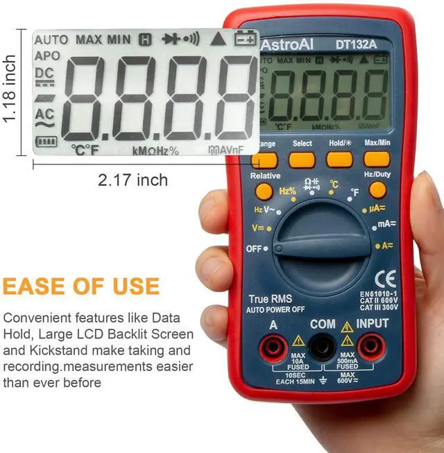 Alt view image 7 of 7 - _Mega Brand Digital Multimeter, TRMS 4000 Counts Volt Meter (Manual and Auto Ranging); Measures Voltage Tester, Current, Resistance, Continuity, Frequency; Tests Diodes, Temperature (Red)