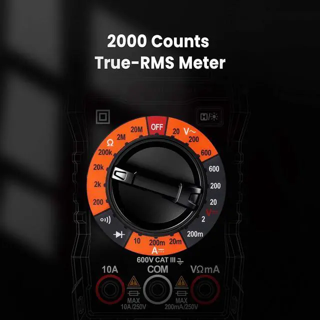Alt view image 7 of 7 - _Mega Brand  Digital Multimeter with Case, DC AC Voltmeter, Ohm Volt Amp Test Meter and Continuity Test Diode Voltage Tester for Household Outlet, Automotive Battery Test (Anti-Burn with Double Fuses)