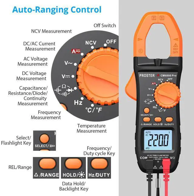 Alt view image 2 of 7 - 6000 Count Clamp Meter 800A Amp Tester TRMS NCV Multimeter Kit