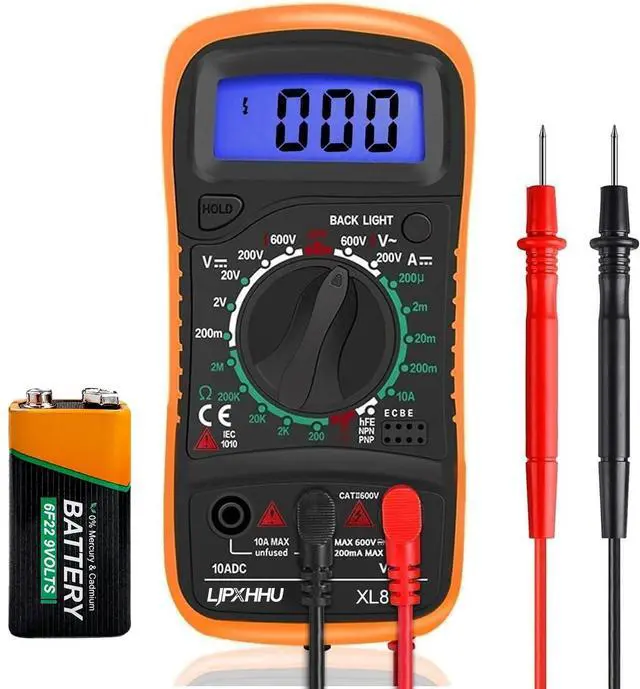 Main image of Digital Multimeter Voltmeter Battery Voltage Multi Tester Continuity Ohm Volt Amp DC AC Current Resistance Diodes 2000 Counts Electrical Test Meter with Leads Backlight LCD Display