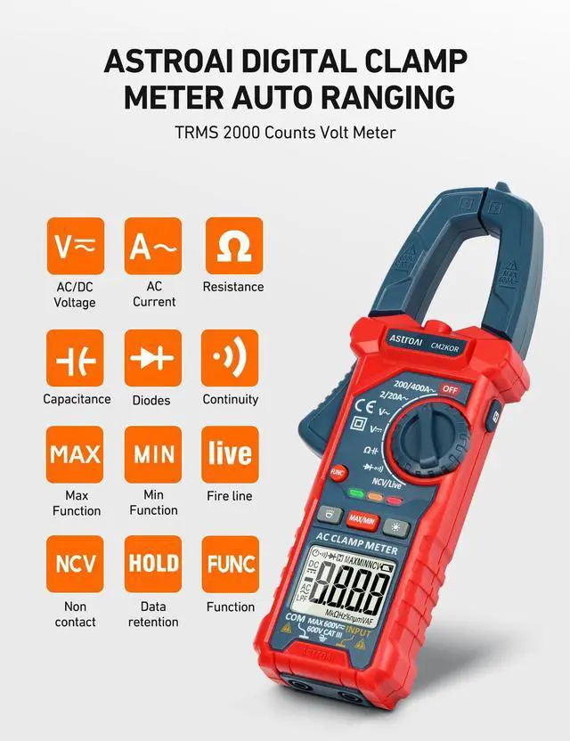 Alt view image 2 of 7 - AstroAI Digital Clamp Meter Multimeter 2000 Counts Amp Voltage Tester Auto-ranging with AC/DC Voltage, AC Current, Resistance, Capacitance, Continuity, Live Wire Test, NCV, Blue