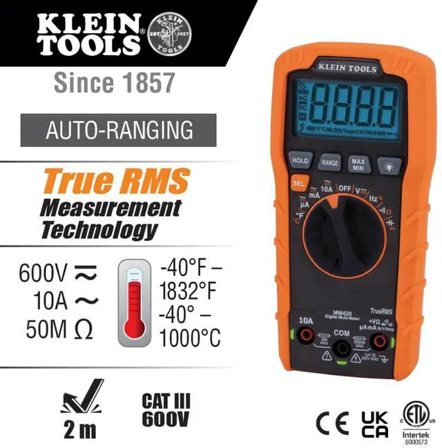 Alt view image 2 of 7 - MM420 Digital Multimeter, Auto-Ranging TRMS Multimeter, 600V AC/DC Voltage, 10A AC/DC Current, 50 MOhms Resistance