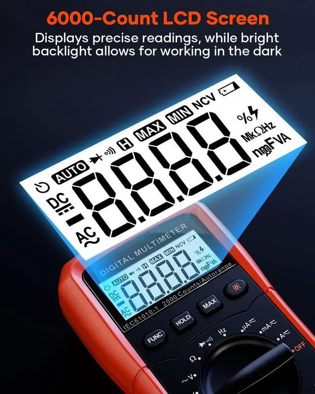 Alt view image 4 of 7 - _Mega Brand Multimeter 6000 Counts Digital Multimeter DC AC Volt Meter Ohm Volt Amp Tester Measures Voltage Current Resistance Capacitance Continuity Diode Duty-Cycle Frequency NCV Live Wire Test