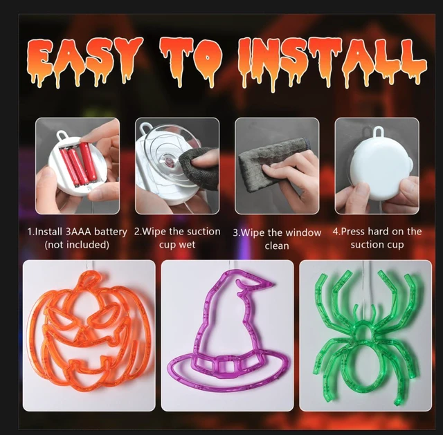 Alt view image 4 of 7 - Battery Powered Halloween Window Lights Decorations 3 Pack | Orange Pumpkin Purple Hats Green Spider with Suction Cup and Timer Functions for Indoor Hanging Ornaments Party Decor