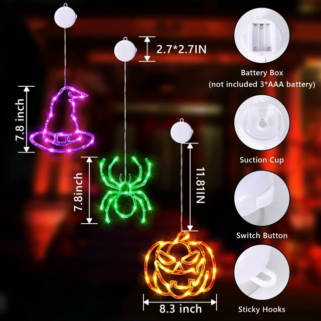 Alt view image 2 of 7 - Battery Powered Halloween Window Lights Decorations 3 Pack | Orange Pumpkin Purple Hats Green Spider with Suction Cup and Timer Functions for Indoor Hanging Ornaments Party Decor