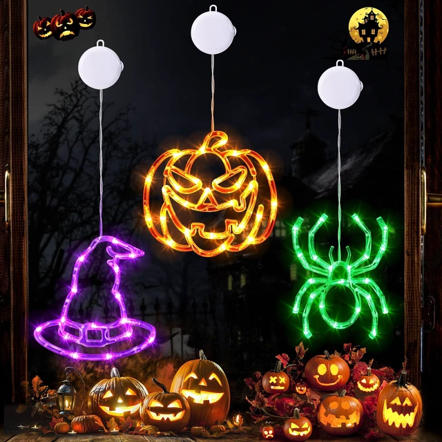 Main image of Battery Powered Halloween Window Lights Decorations 3 Pack | Orange Pumpkin Purple Hats Green Spider with Suction Cup and Timer Functions for Indoor Hanging Ornaments Party Decor