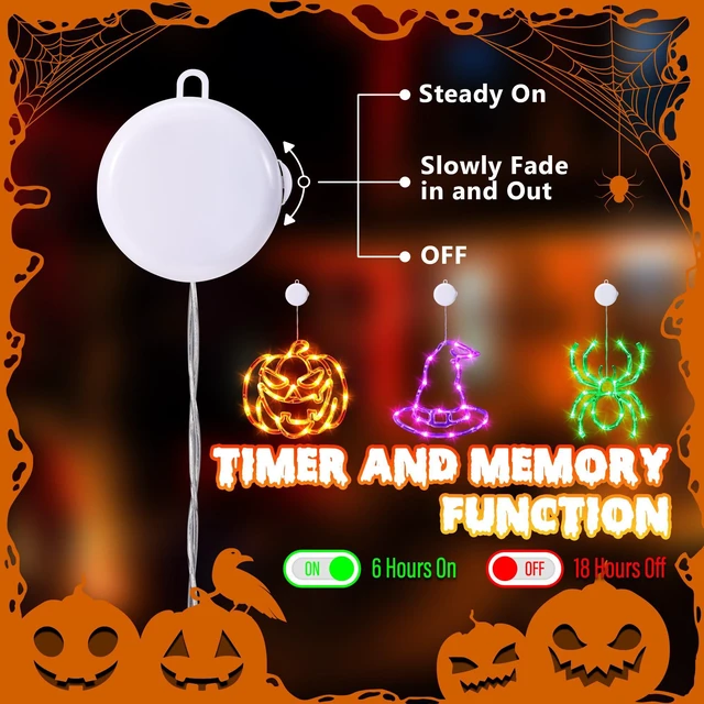 Alt view image 3 of 7 - Battery Powered Halloween Window Lights Decorations 3 Pack | Orange Pumpkin Purple Hats Green Spider with Suction Cup and Timer Functions for Indoor Hanging Ornaments Party Decor