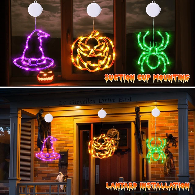 Alt view image 5 of 7 - Battery Powered Halloween Window Lights Decorations 3 Pack | Orange Pumpkin Purple Hats Green Spider with Suction Cup and Timer Functions for Indoor Hanging Ornaments Party Decor